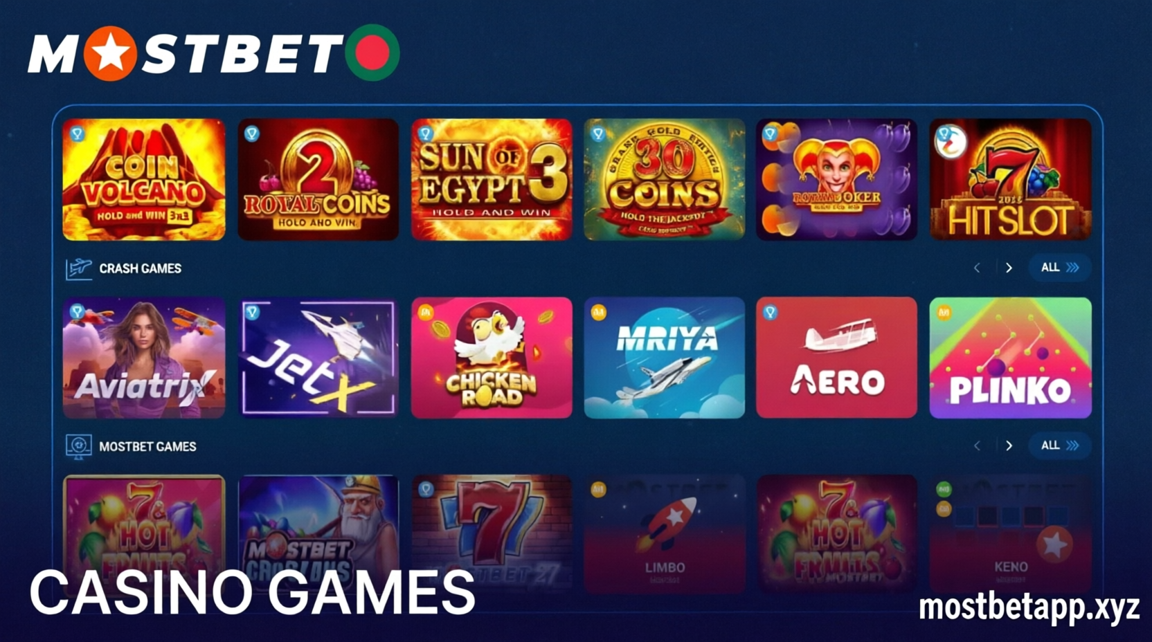 Casino games categories list on Mostbet application